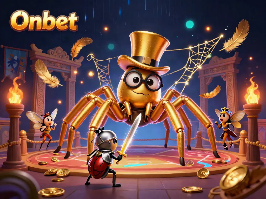 Onbet casino energetic scene with a golden tarantula and brave beetle knight amidst swirling gold coins.