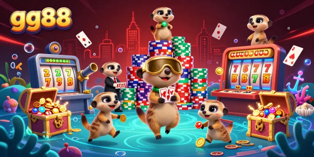 Experience the excitement of gg88's casino with meerkats managing thrilling games amid colorful treasures.