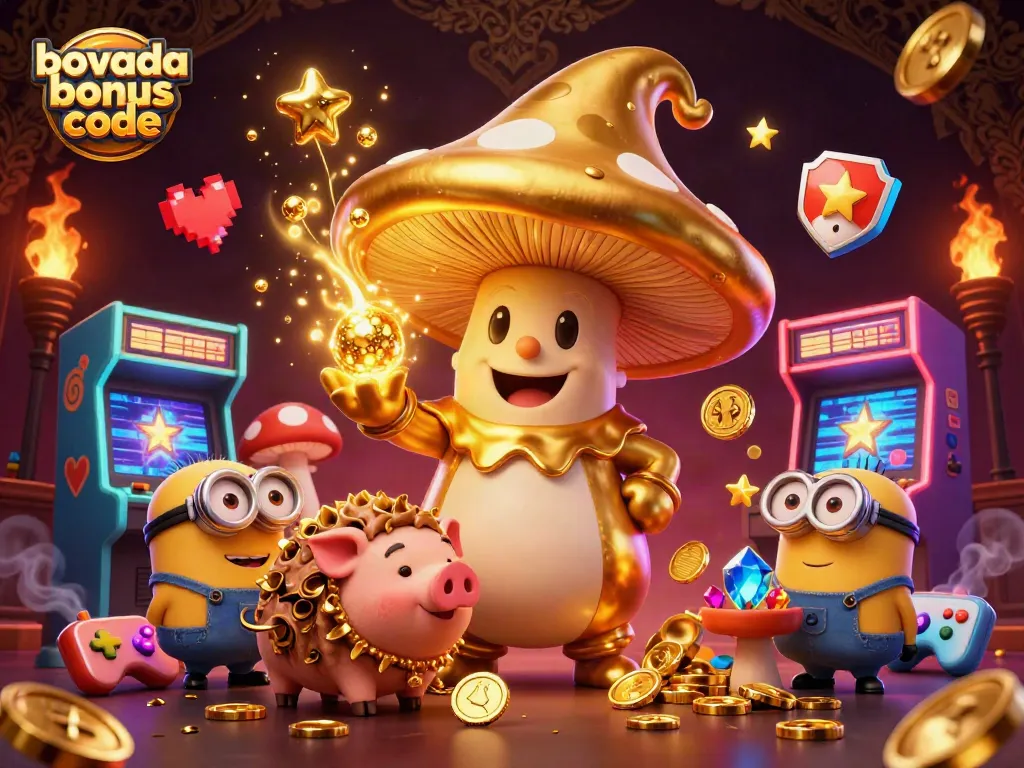 Engage with Bovada bonus code promotions featuring a golden wizard and treasures in a vibrant casino setting.