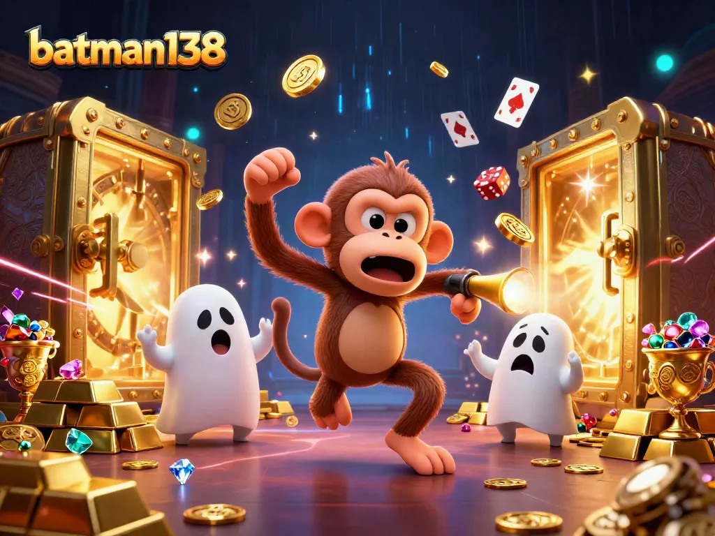 Experience batman138 with an engaging illustration of a ghost-hunter puppy tracking a mischievous monkey juggling golden casino treasures.