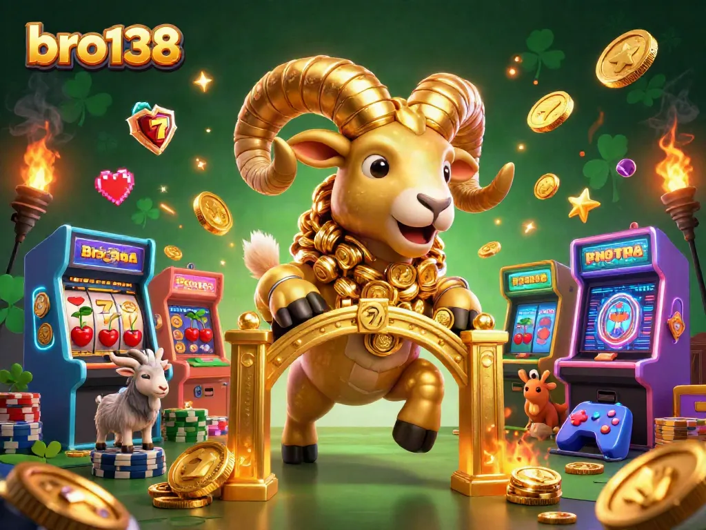 Engage with bro138 as a golden ram charges towards jackpot reels amidst vibrant arcade elements in a dynamic casino scene.