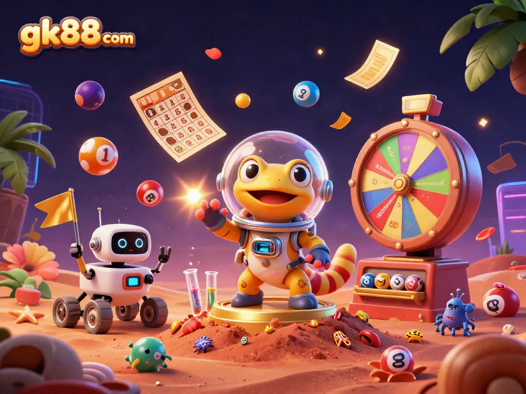 Experience gk88 com with a Martian gecko exploring a golden casino amidst lottery excitement.