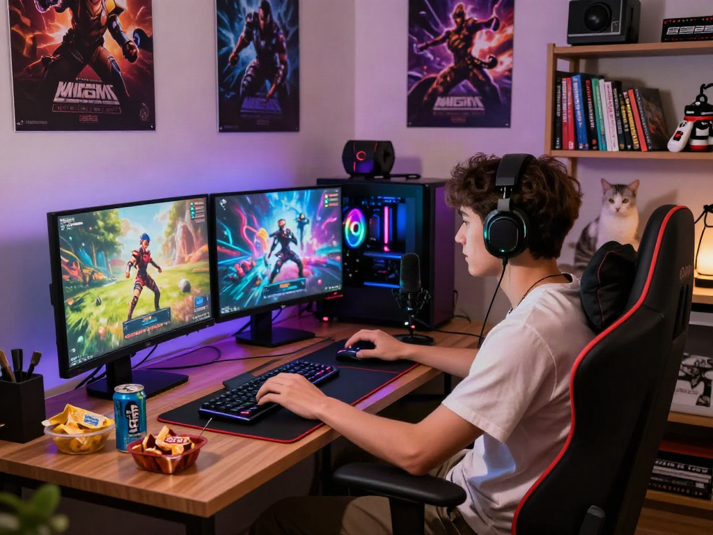 Exciting gaming setup with a gamer engaged in porngames, colorful monitors, and snacks.