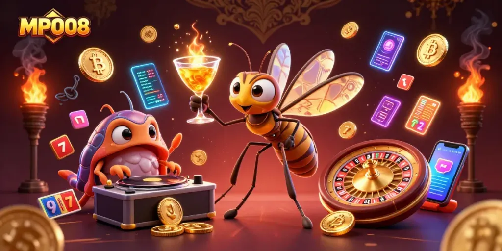 Experience the excitement of MPO08 with a vibrant 3D casino scene featuring neon cryptocurrency elements and slot symbols.