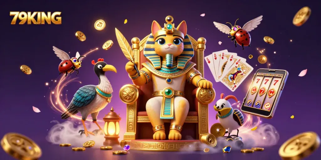 Spin the reels with 79KING in a vibrant casino scene filled with treasures and excitement.