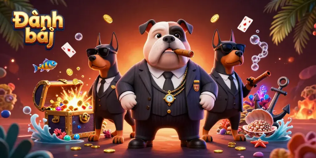 Experience thrilling Đánh bài action with cartoon mafia characters in a vibrant casino scene.