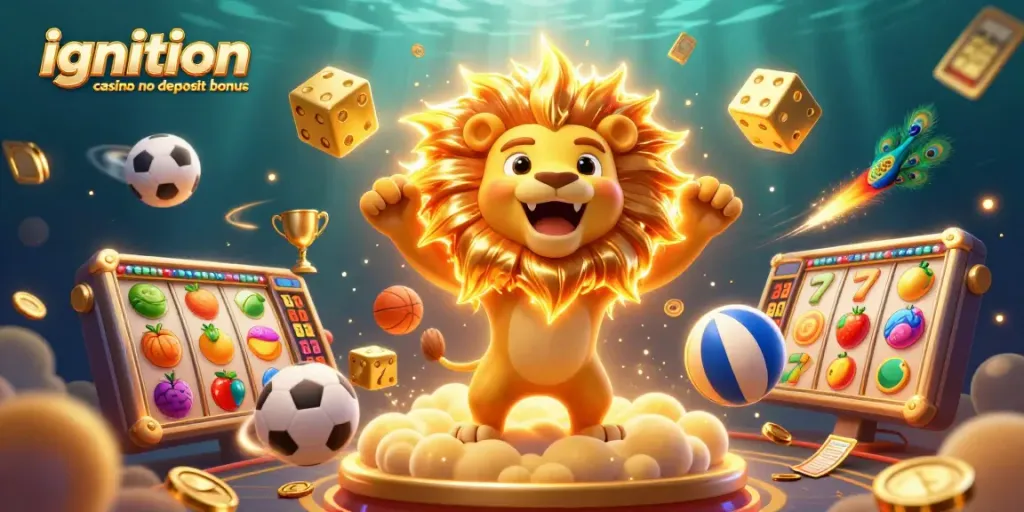 Engage with ignition casino no deposit bonus through an exciting 3D scene featuring vibrant casino elements and characters.