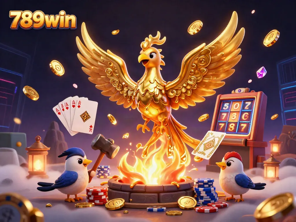 Experience the excitement of 789win with a vibrant 3D illustration of a molten phoenix unleashing casino riches.