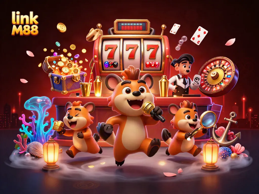 Experience the thrill with link M88 in this vibrant 3D casino scene filled with excitement and action.