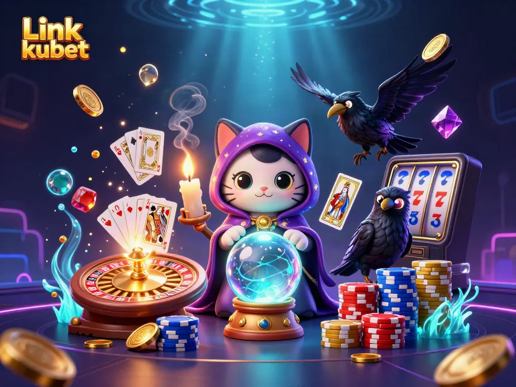 Engage with Link kubet in a vibrant 3D casino scene featuring a mystic cat and a tarot raven.