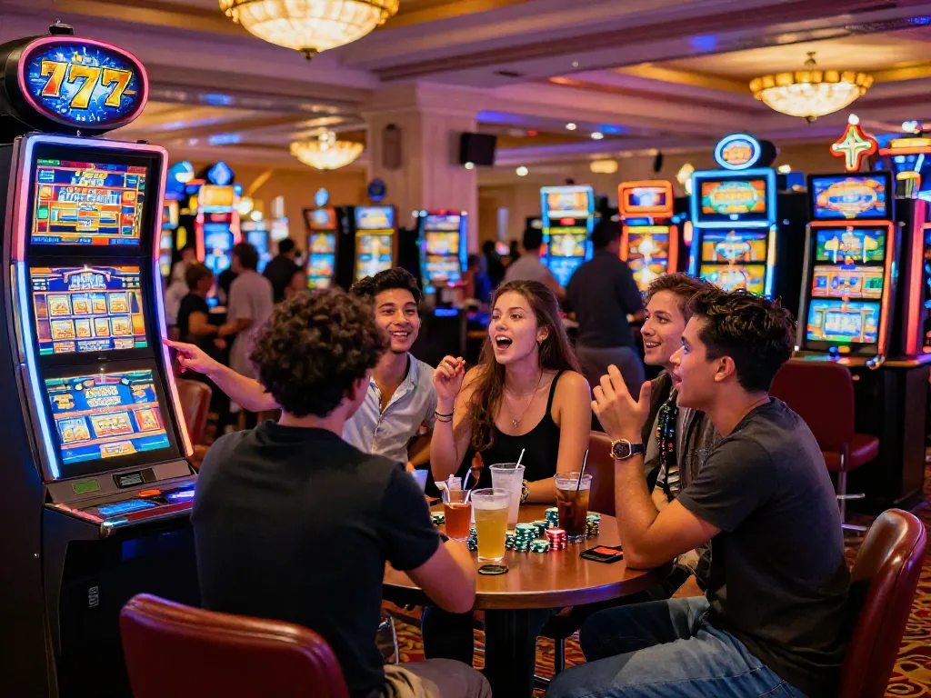 Friends celebrating at a Lucky777 slot machine in a lively casino environment.