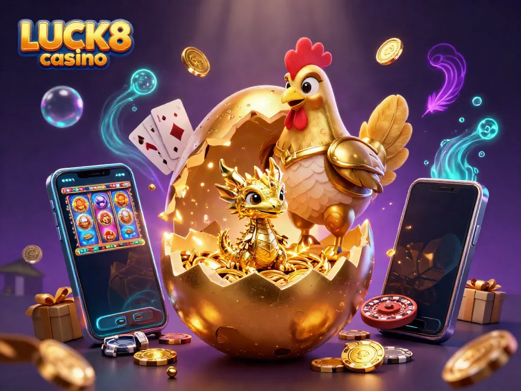 Experience exciting gameplay at LUCK8 casino with dynamic golden dragon, poker chips, and slot games.