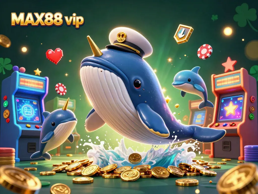 Experience MAX88 vip with vibrant casino elements and playful sea creatures in a dazzling 3D scene.
