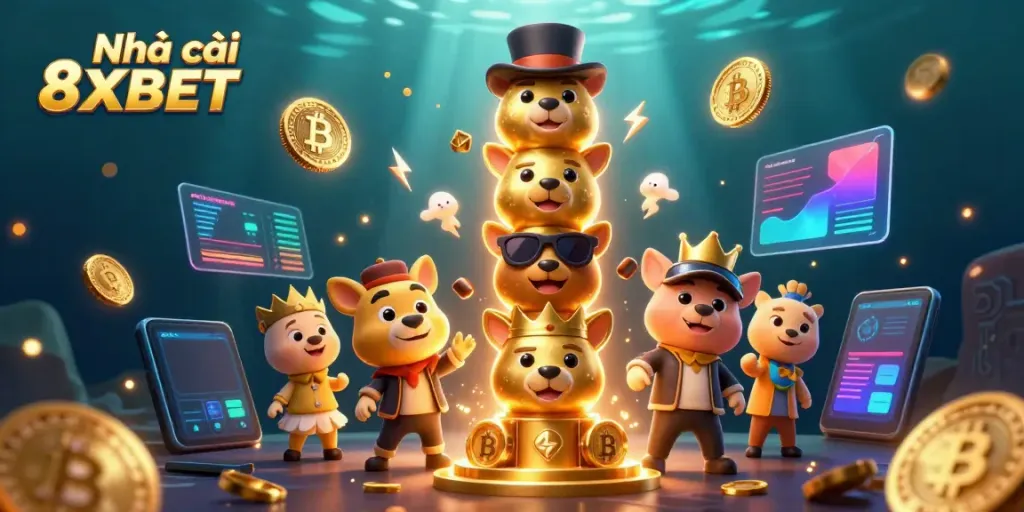 Engage with Nhà cái 8XBET as animations swirl around a golden totem pole with casino accessories.