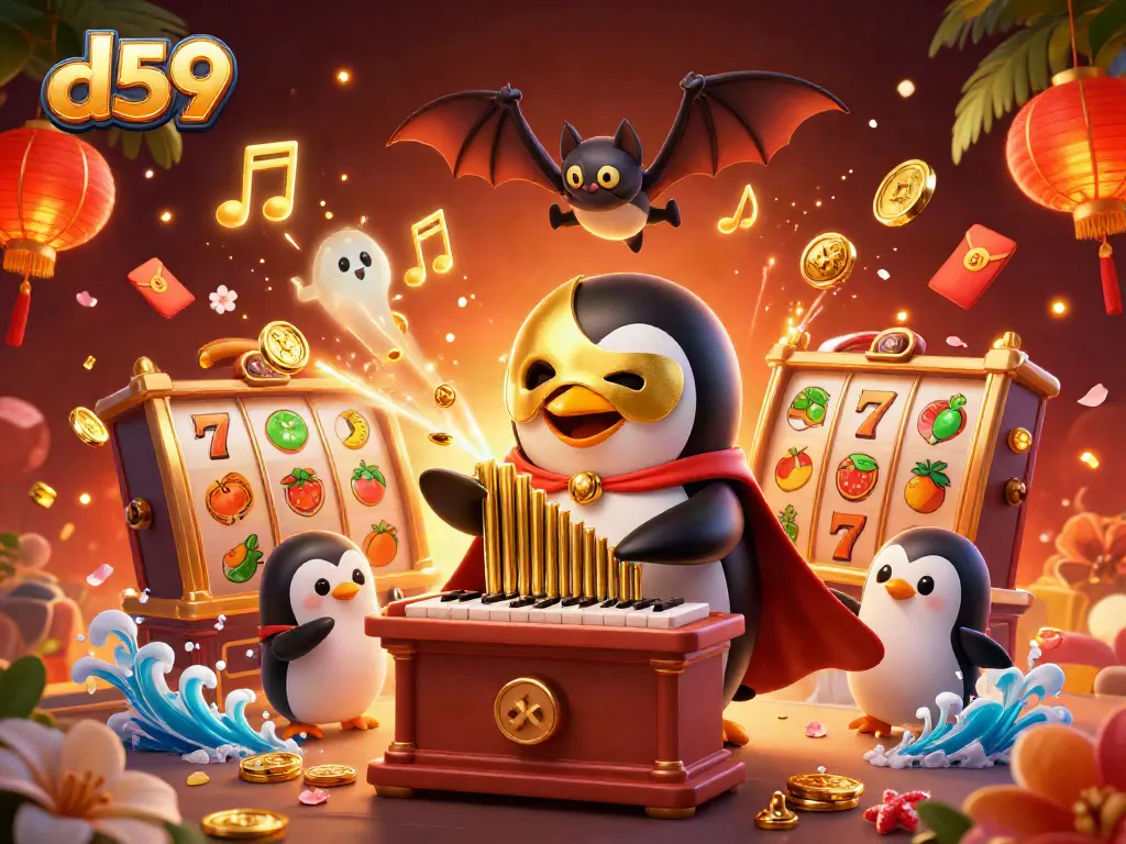 D59 captivates players as a cartoon phantom penguin in a half golden mask plays a slot organ with golden coins.