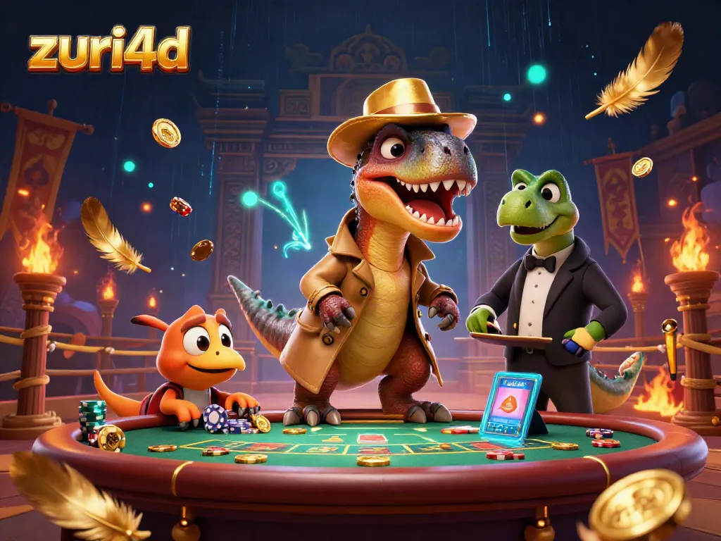 Gambar ilustasi kasino zuri4d yang menampilkan velociraptor sebagai pemain blackjack dengan pit boss stegosaurus dan pencuri kompi yang mencuri chip.