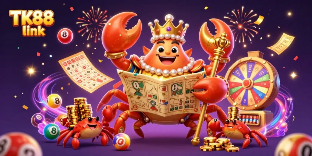 Engage with thrilling casino action in the captivating TK88 link illustration featuring a golden crab emperor amidst vibrant game elements.
