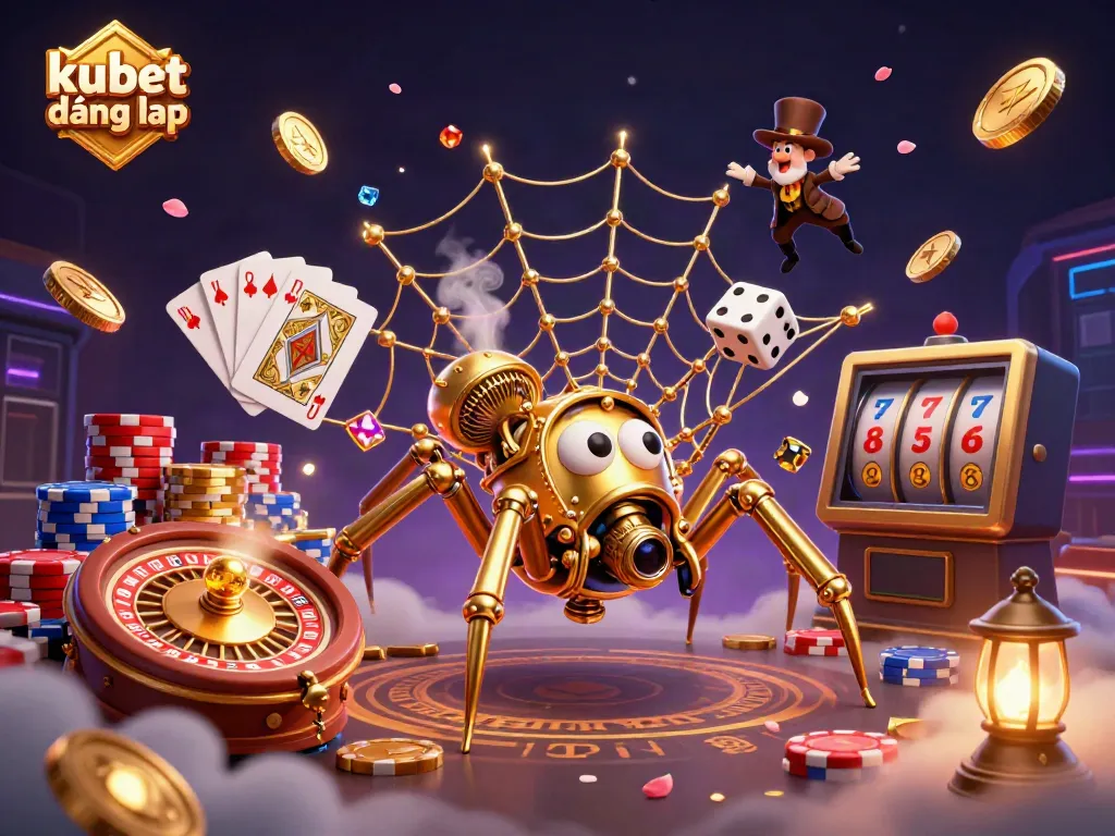 Experience thrilling kubet đăng nhập action in a vibrant 3D casino scene with a golden spider and fly.