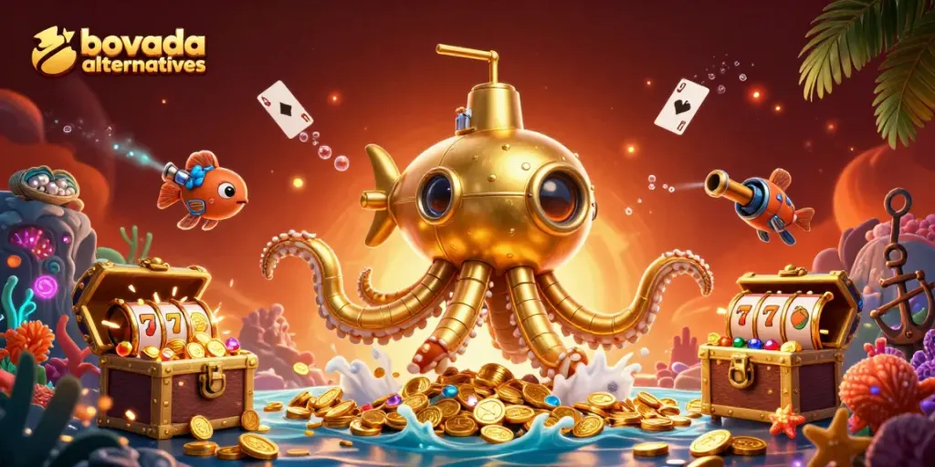 Engage with bovada alternatives through a vibrant 3D casino scene featuring gold coins and slot reels.