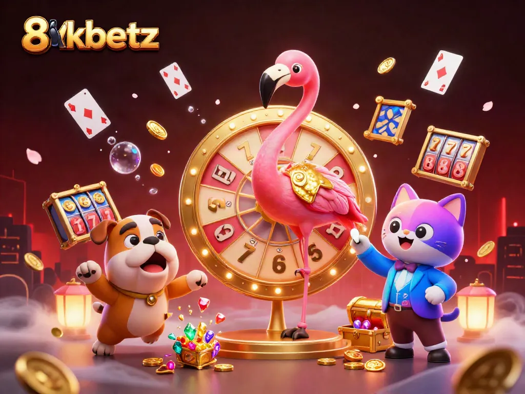 Experience thrilling wins with 8xbetz at this vibrant casino scene with a game show host, contestant, and exciting prizes.