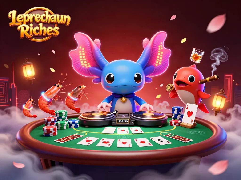 Spin and win with Leprechaun Riches in this lively casino scene with dancing characters and poker elements.