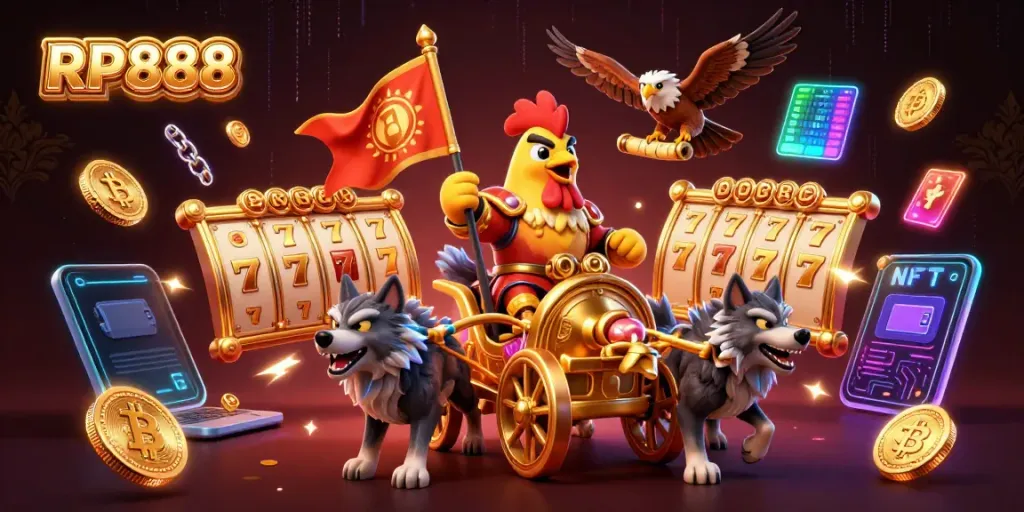 Engage with RP888's thrilling slots experience enhanced by a dynamic illustration featuring iconic symbols.