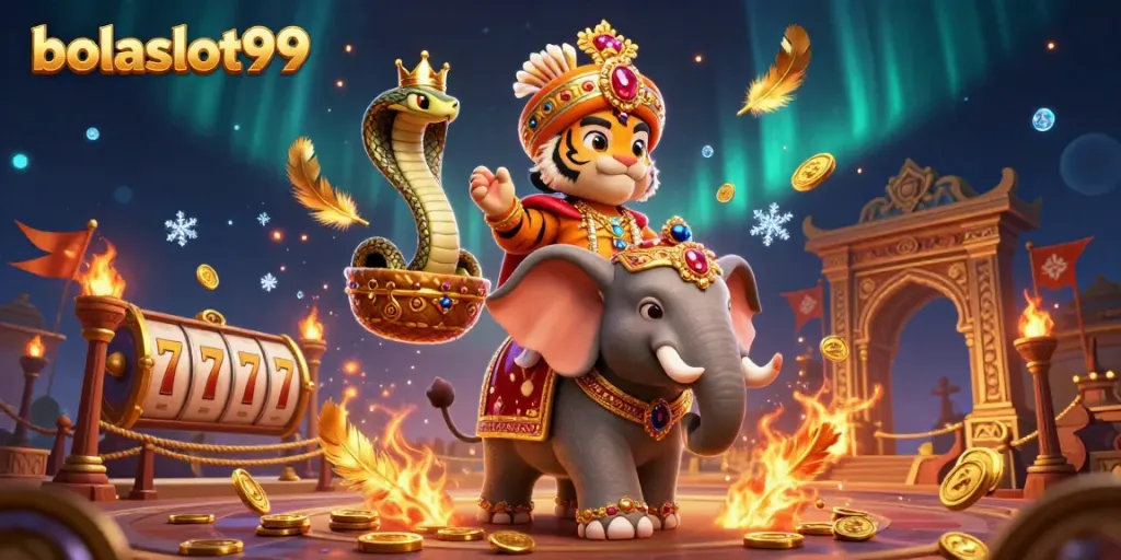 Bettors engage with vibrant bolaslot99 gaming scene featuring a jeweled elephant and animated slot elements.