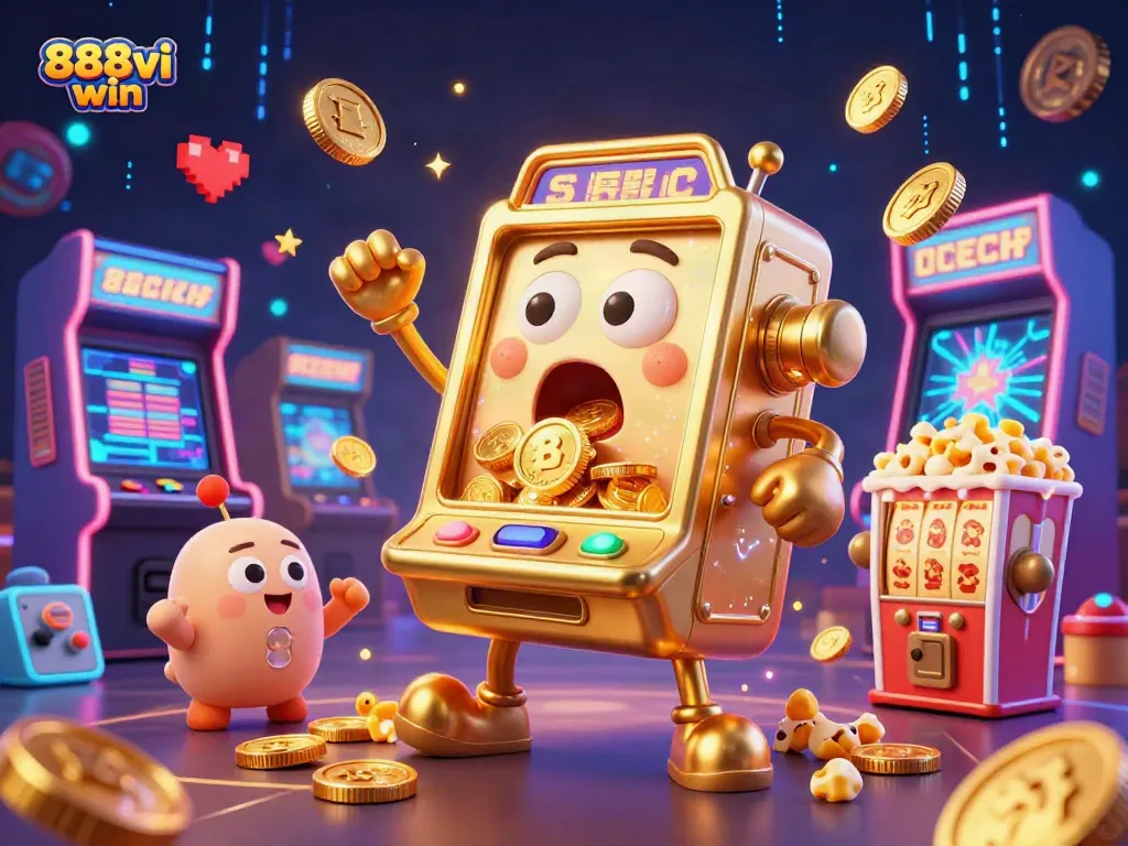 Spin the reels of 888vi win while the golden slot machine celebrates a jackpot.