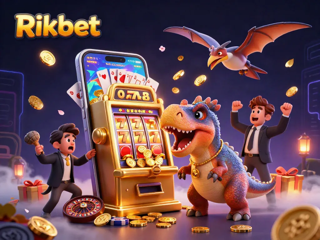 Rikbet pachycephalosaurus hits slot machine for a jackpot at a lively casino scene.