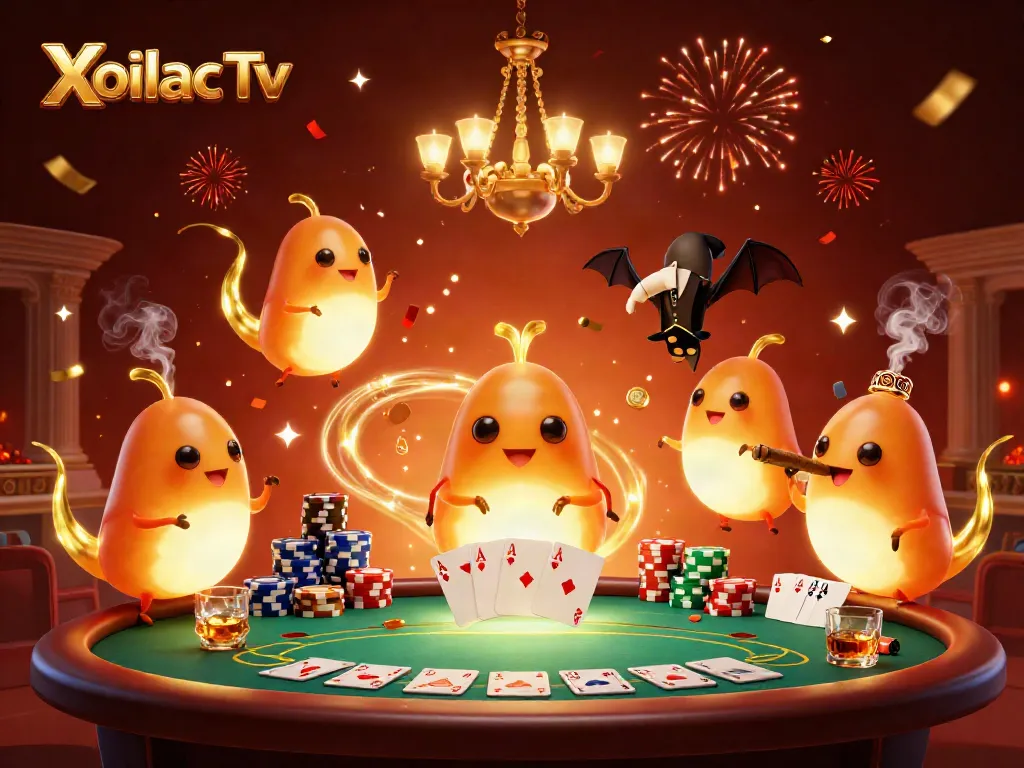 Xoilac Tv lights up a vibrant casino scene with glowworms amidst poker elements and excitement.