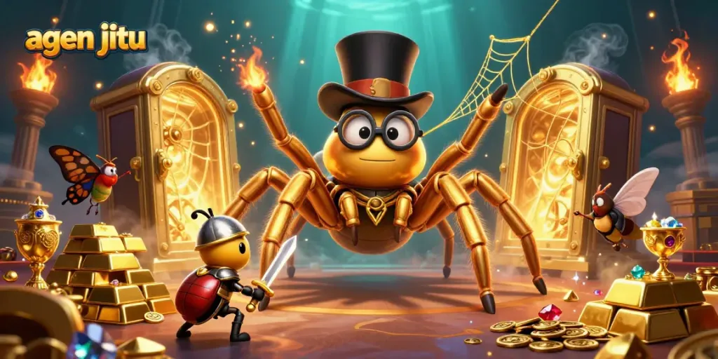 Gambaran agen jitu dengan tarantula emas dan ksatria kecil dikelilingi harta kasino yang menarik.