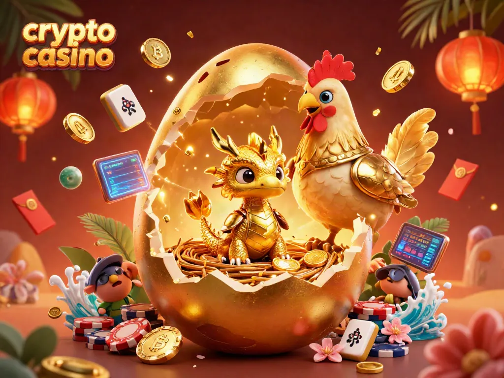 Engage with a vibrant crypto casino scene featuring a golden dragon, poker chips, and blockchain elements.