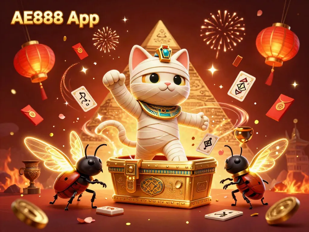 Experience the thrill of AE888 App with a dynamic illustration of a cartoon Egyptian mummy cat in a vibrant casino