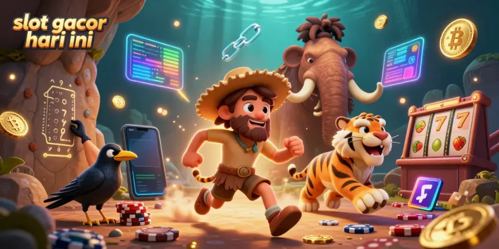 Experience the thrill of slot gacor hari ini with a vibrant 3D cartoon casino scene featuring a caveman and sabertooth tiger.
