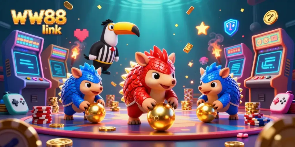 Exciting WW88 link illustration showcasing cartoon pangolins in action among vibrant casino elements.