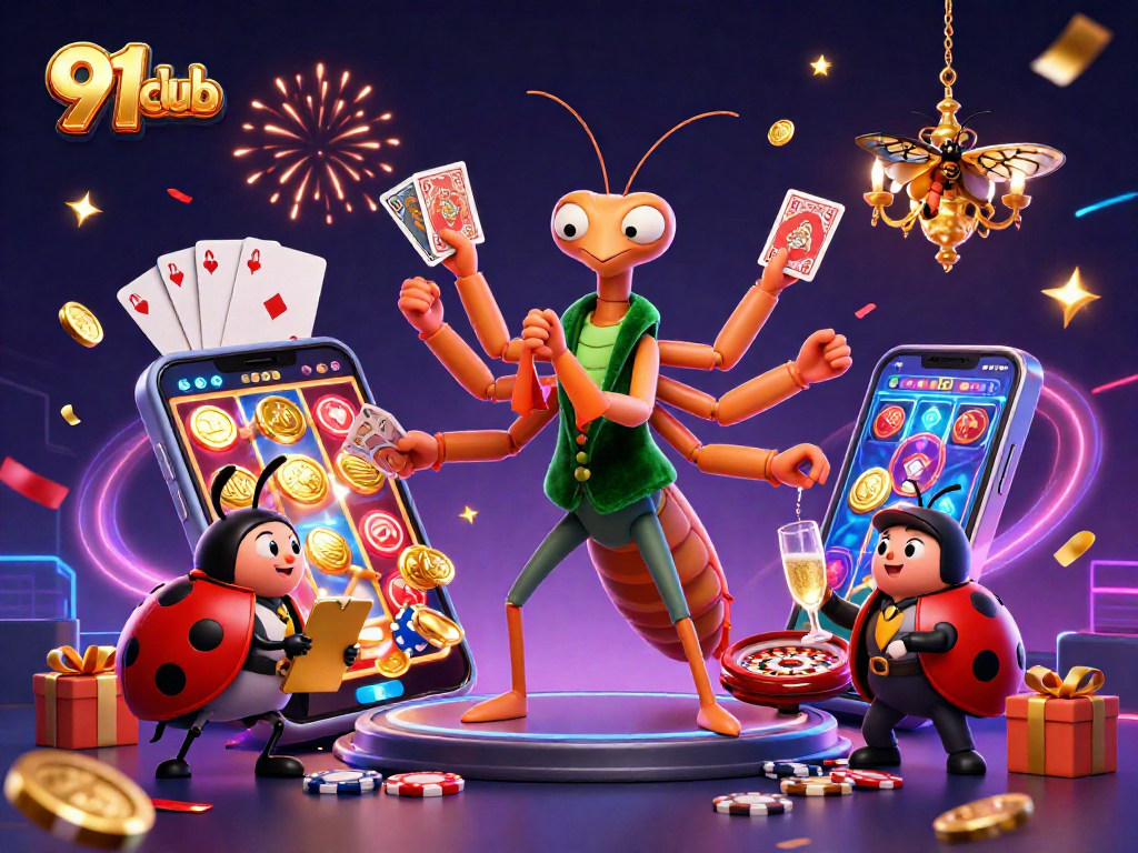 Experience gaming excitement with 91club as a giant mantis card sharp and colorful casino elements come to life.