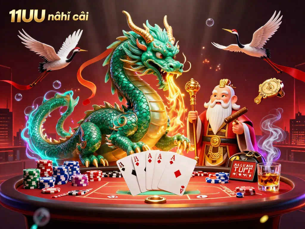 Experience the thrilling action of 11UU nhà cái with a dragon and vibrant casino elements in a rich 3D scene.