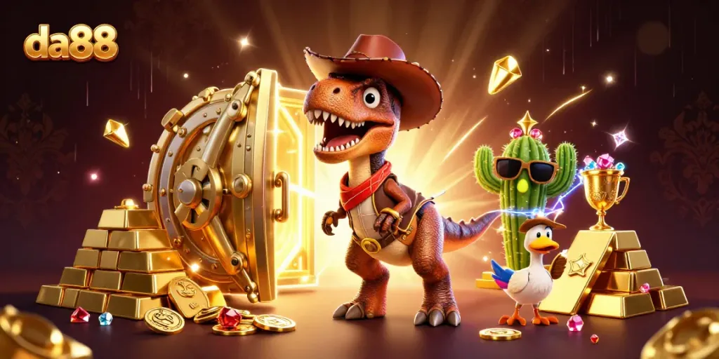 Bet on da88 with exciting games featuring a cowboy dinosaur and vibrant treasure elements.