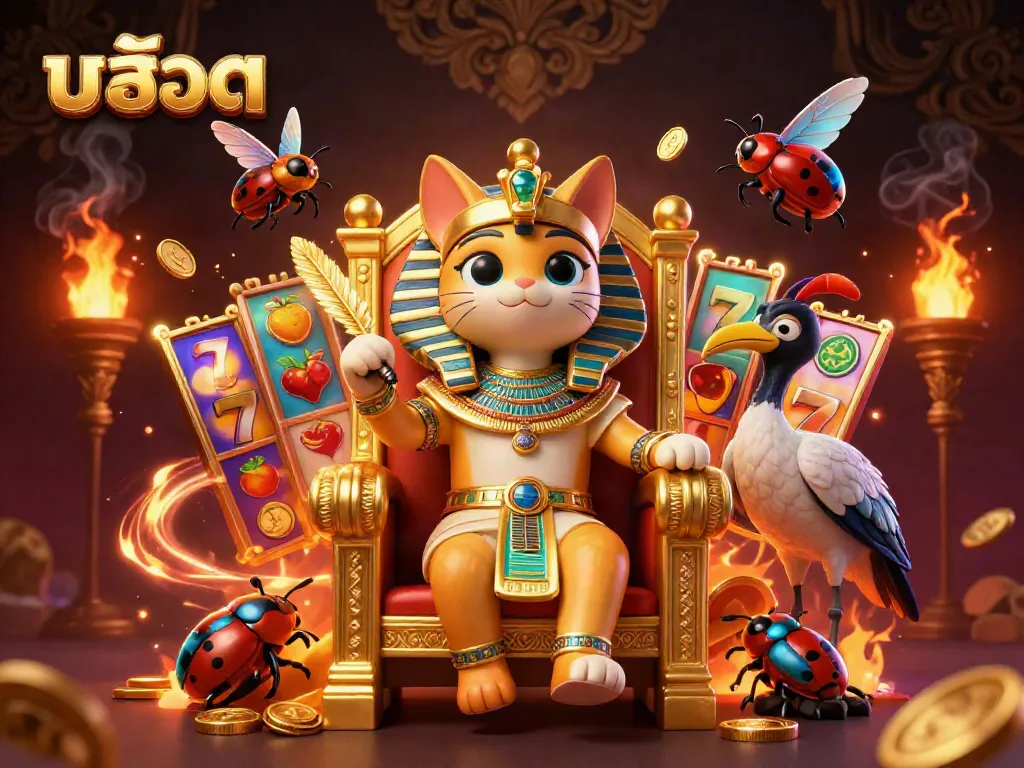Spin the slot reels with the pharaoh cat guarding jackpot treasures in a dynamic scene.