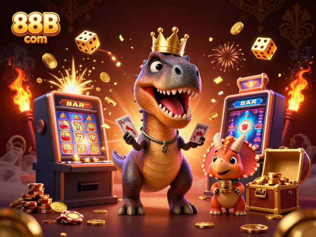 Engaging 3D scene with a T-Rex learning to play cards, showcasing vibrant casino elements and gold coins in action, highlighting 88B com