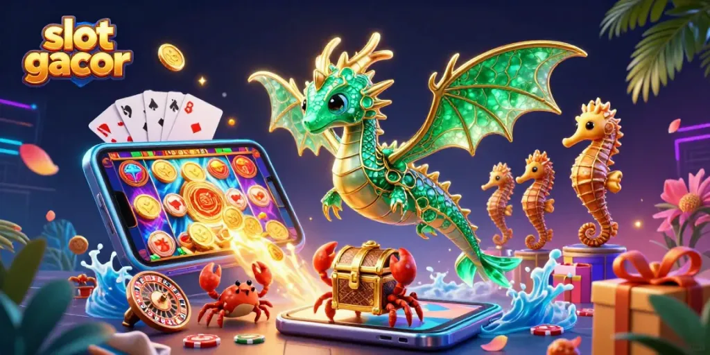 Menangkan slot gacor dengan ilustrasi 3D naga laut, smartphone permainan slot, dan banyak elemen kasino.